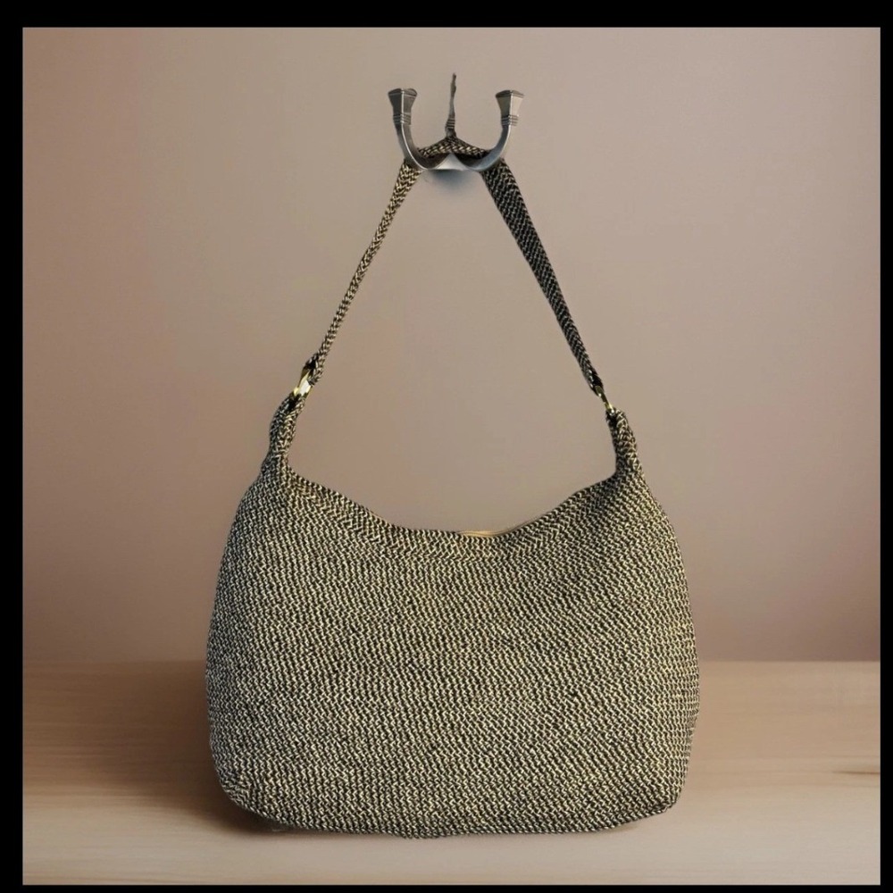 Orvis Woven Straw Hobo Shoulder Bag Black Tan Paper Blend Top Zip 1004564 1P5